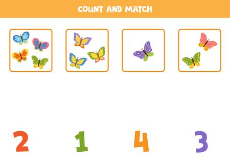 Count the amount of colorful butterflies and match with numbers. Math worksheet for kids.のイラスト素材