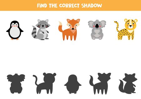 Find the correct shadow of wild animals. Logical game for kids.のイラスト素材
