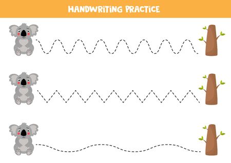 Handwriting practice with cute cartoon koala. Tracing lines for kids.のイラスト素材