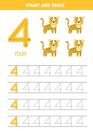 Numbers tracing practice. Writing number four. Tracing worksheet with four cute leopards. Ready for print. Math game for children who learn to count and write.のイラスト素材