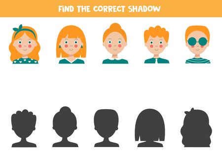Find the correct shadow of cute cartoon red haired people. Logical game for kids.のイラスト素材