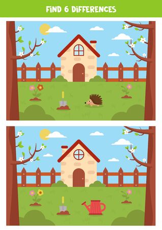 Find six differences between the pictures of spring landscape. Logical game for kids. Cute view of the garden and country house.のイラスト素材