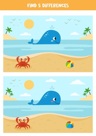 Find five differences. Educational game for kids. Sea landscape with cute cartoon whale and crab. Summer beach. Cute seascape with palms.のイラスト素材