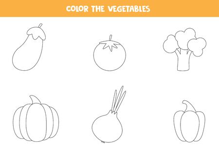 Color cartoon vector vegetables. Coloring page of eggplant, tomato, broccoli, pumpkin, onion, Bulgarian peeper. Educational worksheet for preschool kids. Printable game.のイラスト素材
