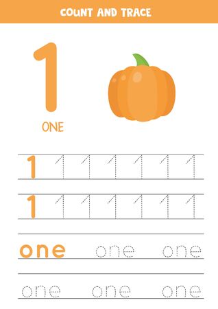 Numbers and letters tracing practice. Writing number one and the word one. Tracing worksheet with cartoon pumpkin. Ready for print. Math game for children who learn to count and write.のイラスト素材