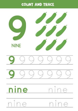 Numbers and letters tracing practice. Writing number 9 and the word nine. Tracing worksheet with cartoon cucumbers. Ready for print. Math game for children who learn to count and write.のイラスト素材