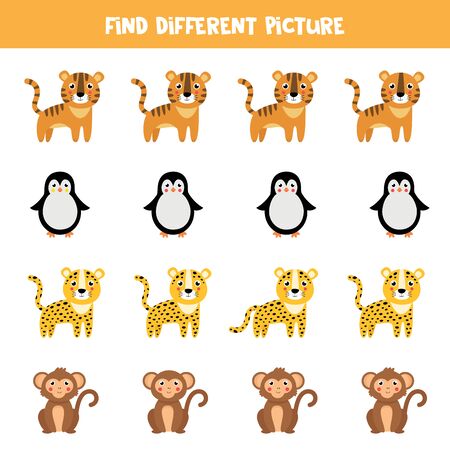 Find different picture in each row. Cute cartoon tiger, penguin, leopard, monkey. Educational logical game for kids.のイラスト素材