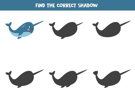 Find the correct shadow of cute cartoon blue narwhal. Educational logical game for kids. Printable worksheet.のイラスト素材