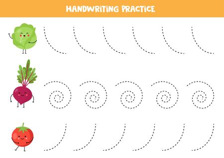 Tracing lines with cute kawaii vegetables. Handwriting practice with cartoon cabbage, beetroot, tomato. Handwriting practice with vegetables.のイラスト素材