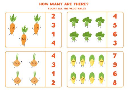 How many kawaii vegetables are there. Count the amount of vegetables and circle the right answer. Educational worksheet for kids. Math game for kids.のイラスト素材