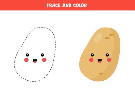 Trace and color cute kawaii potato. Handwriting practice for kids. Tracing lines for children. Learning to write and to draw.のイラスト素材