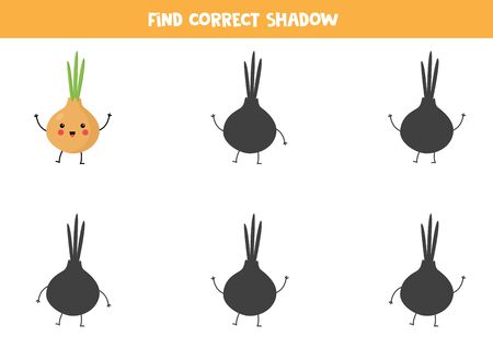 Find the right shadow of cute kawaii onion. Educational logical game for kids. Printable worksheet.のイラスト素材