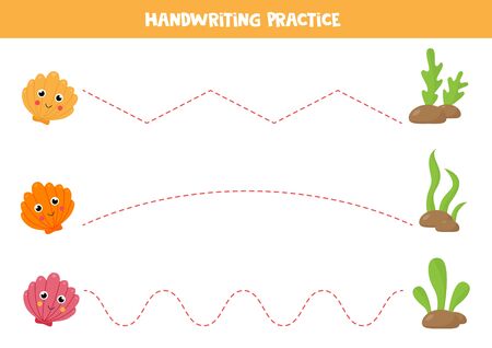 Tracing lines with cute colorful seashells. Handwriting practice for kids. Writing skills worksheet for preschoolers. Printable page.のイラスト素材