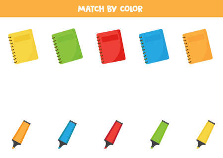 Match notebooks and highlighters by color. Educational game for preschoolers. Logical worksheet. Color sorting game. Activity page.のイラスト素材