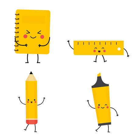 Set of cute yellow kawaii copybook, ruler, pencil, highlighter. Vector illustration on white background. Back to school elements.のイラスト素材