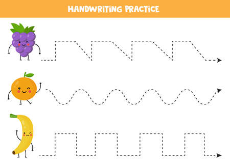 Handwriting practice with cute kawaii fruits. Tracing lines for kids. Vector illustration of kawaii grape, orange, banana. Learning to write and to draw.のイラスト素材