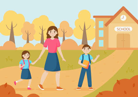 Mother and children go to school together. Vector illustration.のイラスト素材