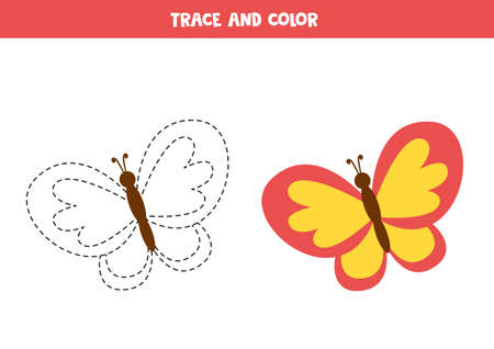 Tracing and coloring cute colorful butterfly. Writing practice.のイラスト素材