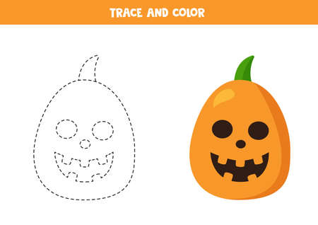 Trace and color cartoon Halloween pumpkins. Handwriting practice.のイラスト素材
