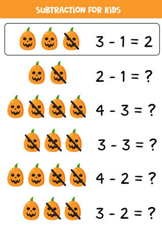Subtraction with spooky Halloween pumpkins. Game for kids.のイラスト素材