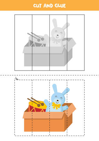 Cut and glue game with box with toy rabbit and drum.のイラスト素材