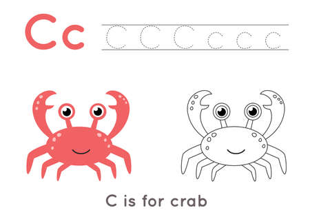 Coloring and tracing page with letter C and cute cartoon crab.のイラスト素材
