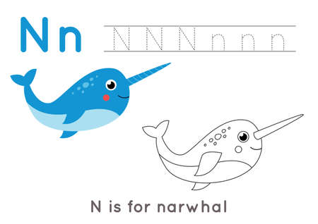 Coloring page with letter N and cute cartoon narwhal.のイラスト素材