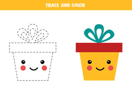 Handwriting practice for kids. Trace and color kawaii gift box.のイラスト素材