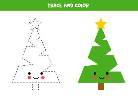 Handwriting practice for kids. Color and trace kawaii fir tree.のイラスト素材