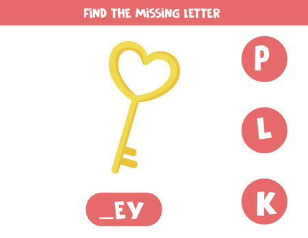 Find missing letter with cartoon key. Spelling worksheet.のイラスト素材