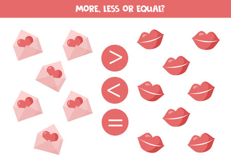 More, less, equal with cute valentine elements. Math game.のイラスト素材