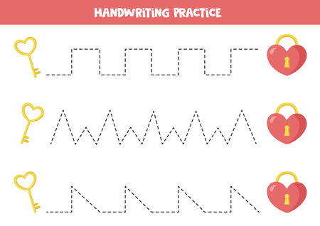 Tracing lines with valentine elements. Trace the lines with lock and key.のイラスト素材