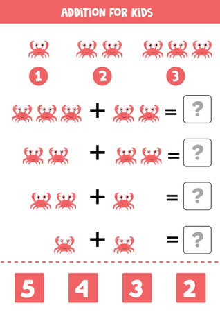 Addition worksheet with cartoon red crab. Math game.のイラスト素材