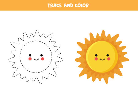 Trace and color cartoon cute Sun. Funny worksheet for kids.のイラスト素材