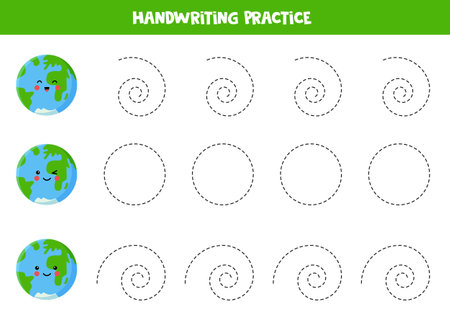 Trace the lines with cartoon Earth. Writing skills practice.のイラスト素材
