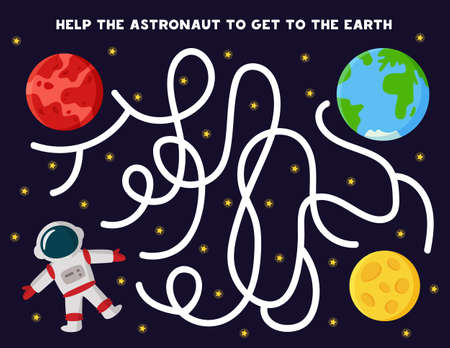 Maze with cartoon astronaut and planets. Get to the Earth.のイラスト素材