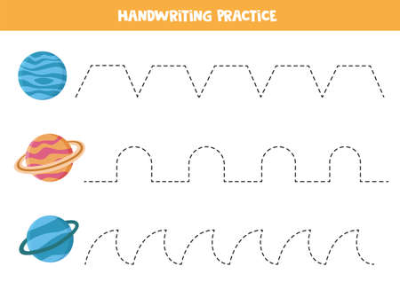 Trace the lines with solar system planets. Writing practice.のイラスト素材