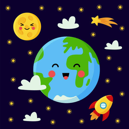 Cute Earth among stars and rocket. Vector poster.のイラスト素材