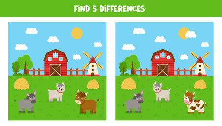 Find 5 differences between farm pictures. Game for kids.のイラスト素材