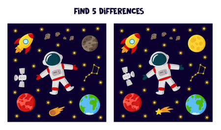 Find 5 differences between pictures. Space themed worksheet for kids.のイラスト素材