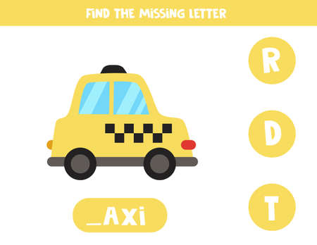 Find missing letter with cartoon taxi. Spelling worksheet.のイラスト素材