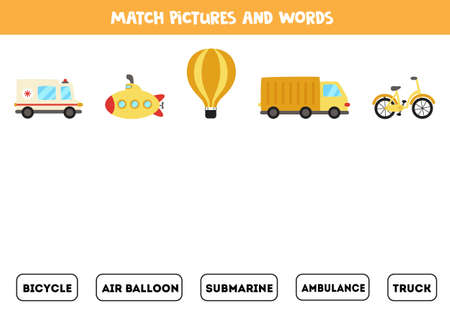 Matching transport and the words. Educational game for kids.のイラスト素材