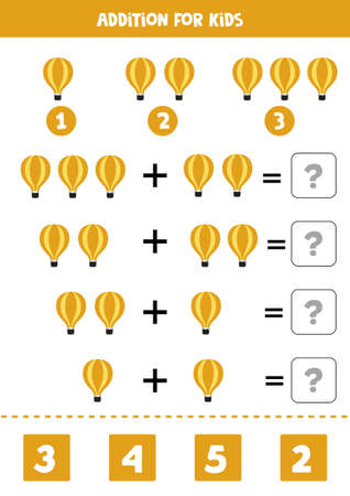 Addition worksheet with cartoon air balloon. Math game.のイラスト素材