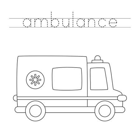 Tracing letters with cartoon ambulance car. Writing practice.のイラスト素材