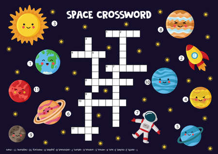 Space crossword for kids with solar system planets, sun, rocket.のイラスト素材