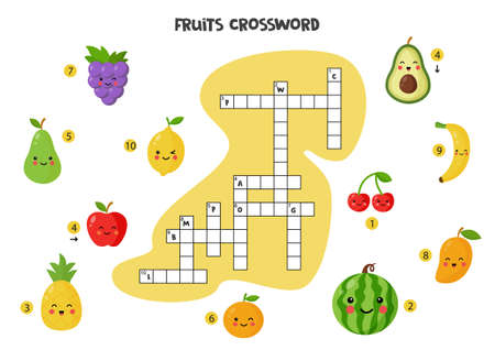 Fruits crossword puzzle for kids. Cute smiling fruits. Educational game for children.のイラスト素材