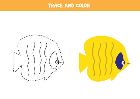 Trace and color cute sea fish. Educational game for kids. Writing and coloring practice.のイラスト素材