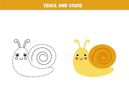 Trace and color cute snail. Worksheet for kids.のイラスト素材
