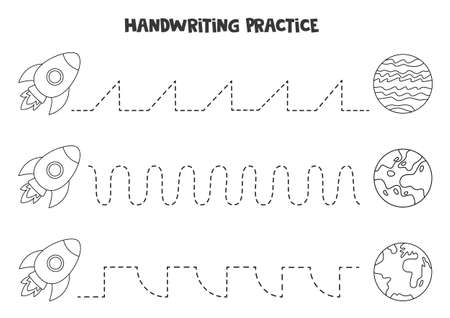 Tracing lines for kids with cute black and white rocket and planets. Handwriting practice for children.のイラスト素材