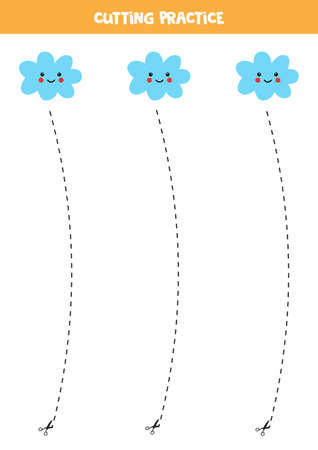 Cutting practice for preschool kids. Cut by dashed line. Cute kawaii clouds.のイラスト素材